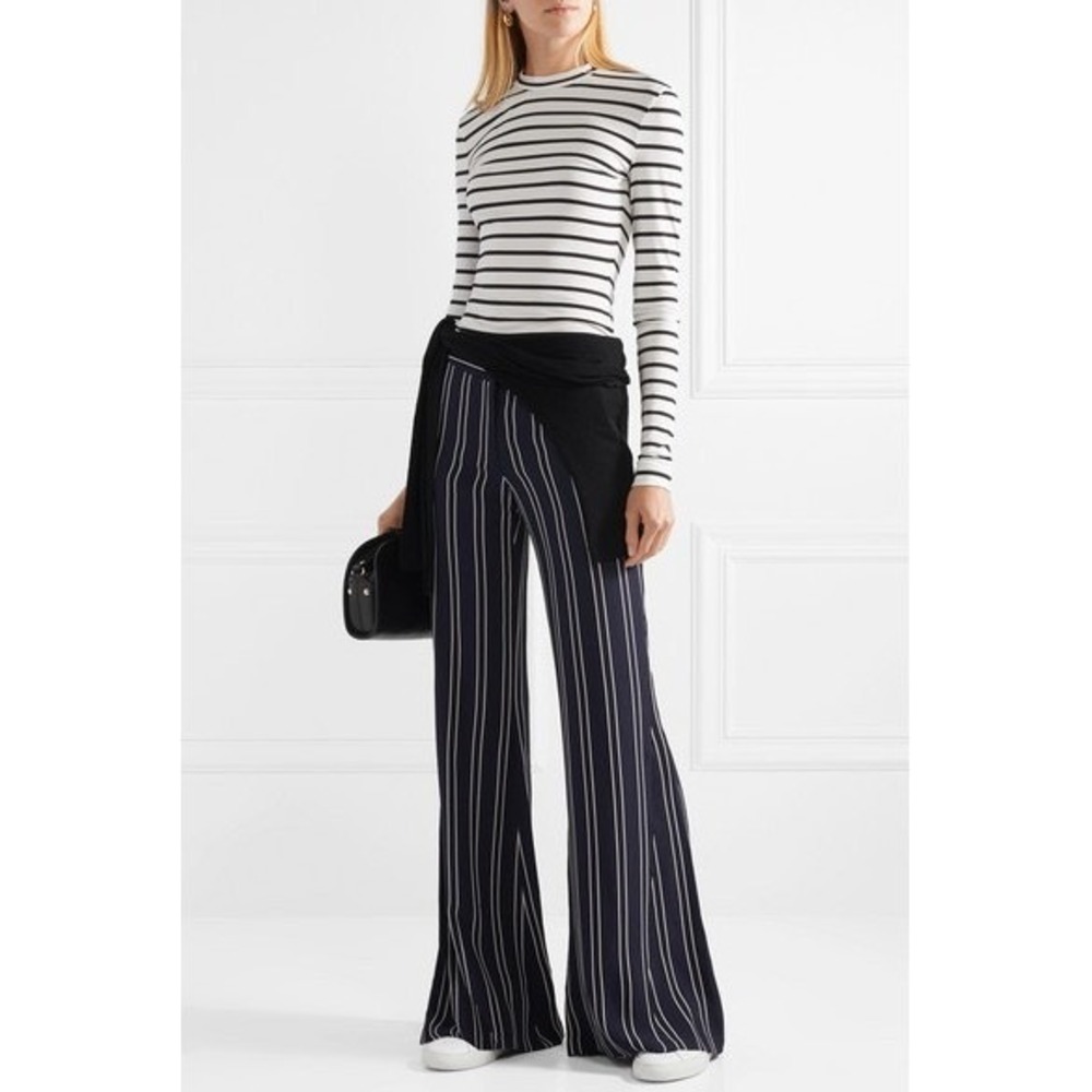 La Ligne Hardy Striped Crepe Flared Pants Navy Blue White High Waist Sz 2 Flowy - Picture 1 of 16